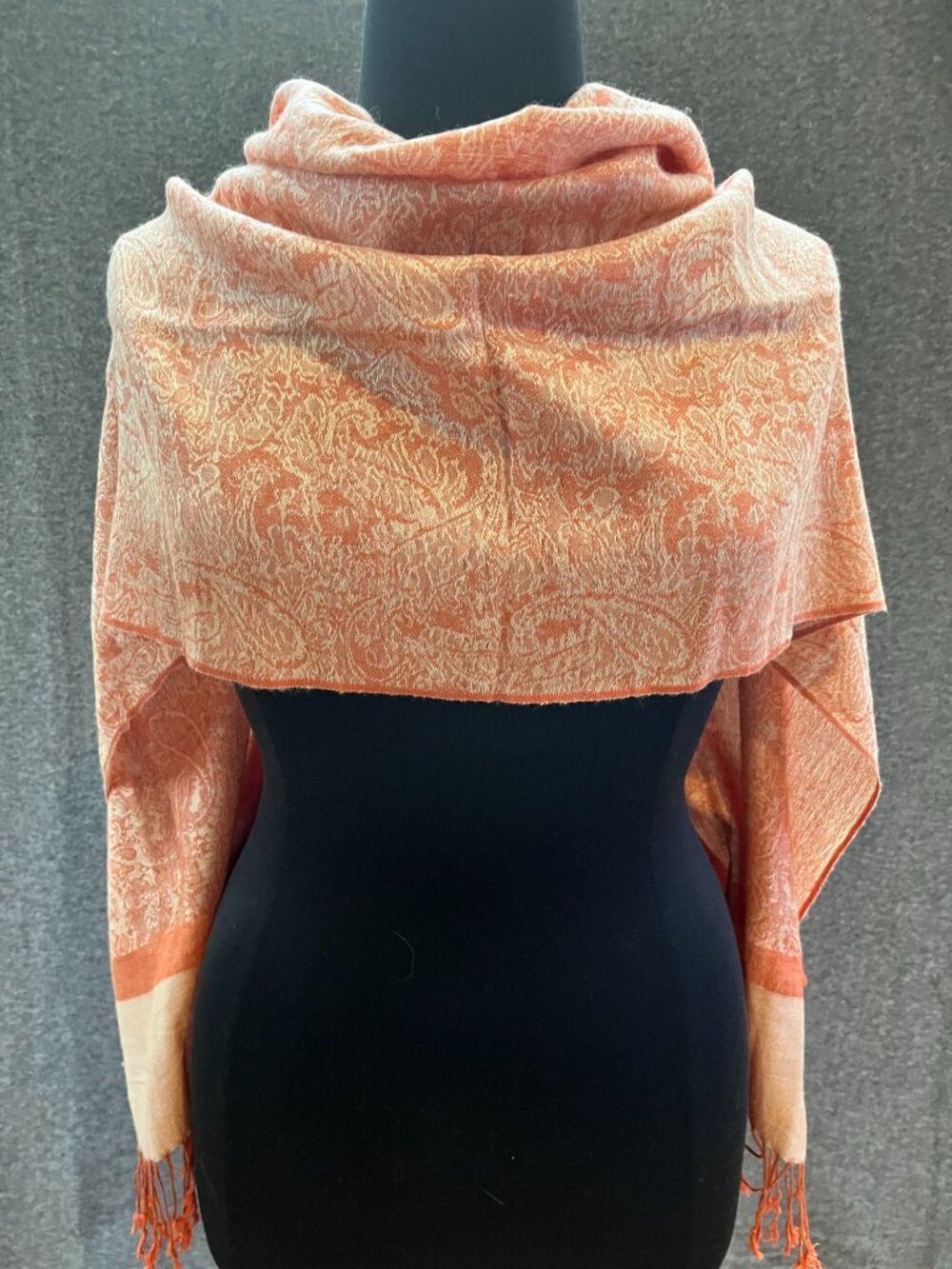 28x70 Pashmina brand copper gold silk shoulder wrap drape scarf with fringe